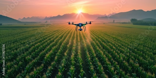 Aerial view of drone flying to spray fertilizer on rice fields, mountains is background