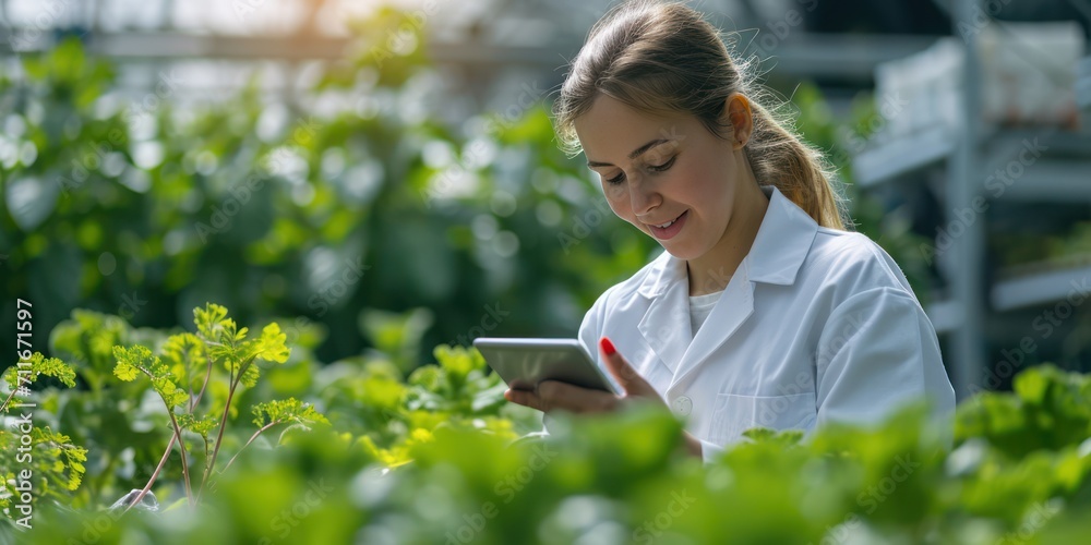 Beautiful young woman agricultural researcher holding tablet working on research at plantation in industrial greenhouse Beautiful young woman agricultural researcher holding tablet working on research at plantation in industrial greenhouse
