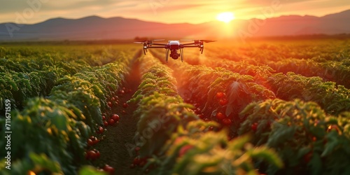 Aerial view of drone flying to spraying fertilizer on tomato farm, mountains is background photo