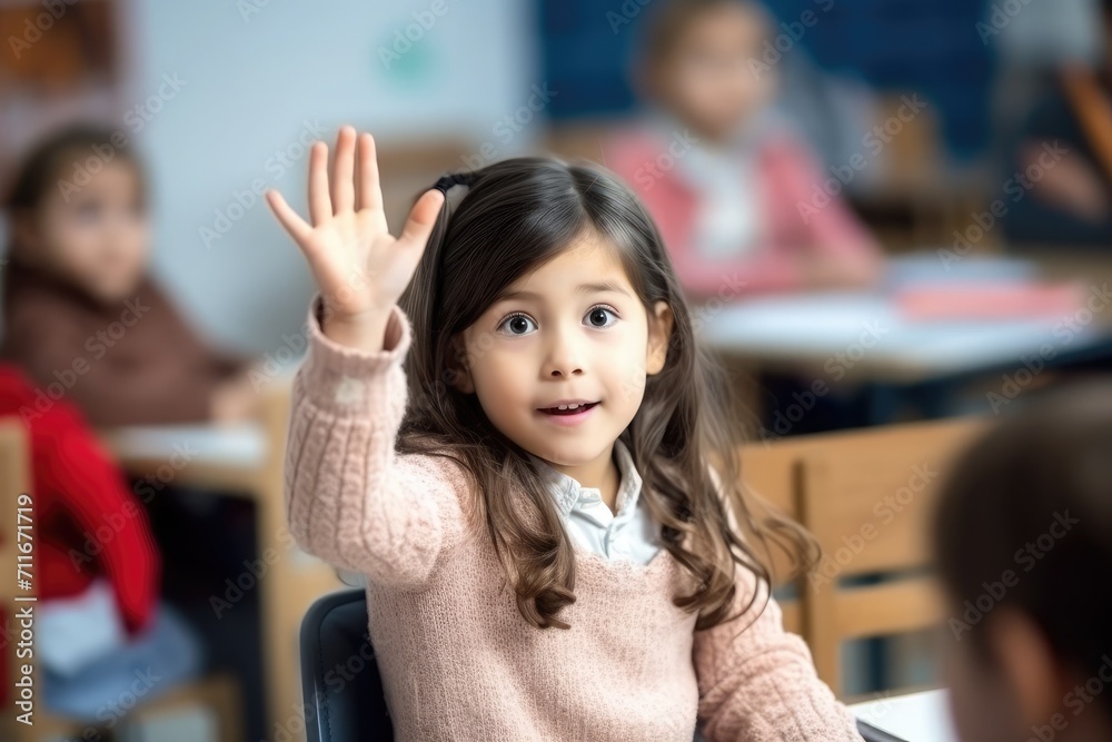 Small Girl kid in school classroom raising hand up to answer teacher. Small Girl kid in school classroom raising hand up to answer teacher.