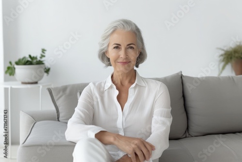 Single gray-haired mature senior woman sitting on sofa at home in living room, Minimal white interior, photo in full growth,  © sambath
