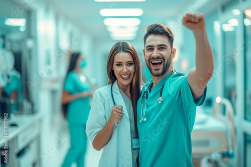 A portrait Doctor and Nurse raises hand in joy, in white hospital background 