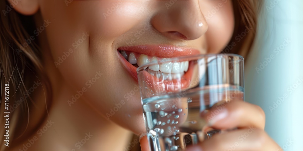 Beautiful lips and teeth of a cute young girl drinking clear water in a glass Beautiful lips and teeth of a cute young girl drinking clear water in a glass