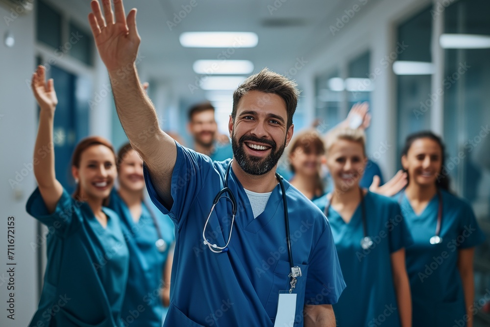 A portrait Doctor and Nurse raises hand in joy, in white hospital background A portrait Doctor and Nurse raises hand in joy, in white hospital background