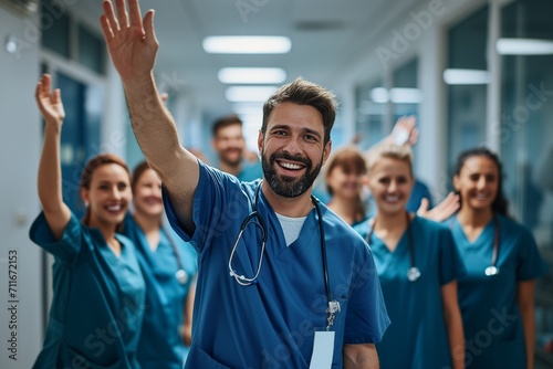 A portrait Doctor and Nurse raises hand in joy, in white hospital background 