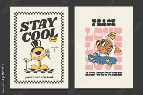 retro posters with retro mascot cartoon characters, vector illustration