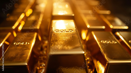 Close up gold bars on shimmering rotating stand, wealth and luxury concept