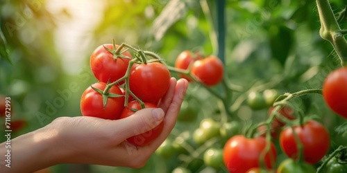 Hand harvesting tomato in a greenhouse smart farm