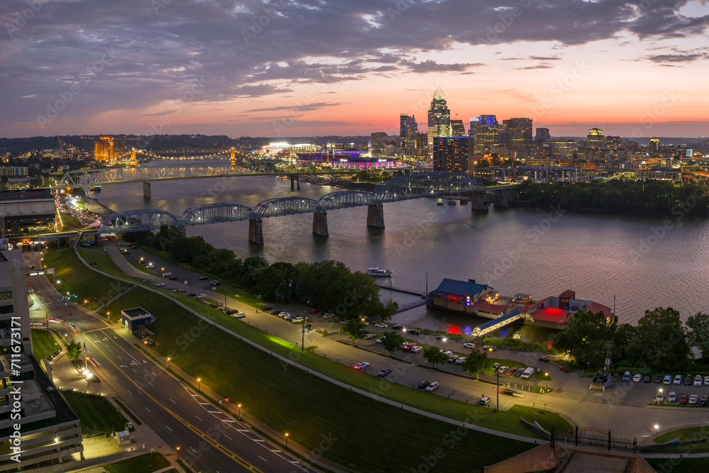 Aerial view of downtown district highway traffic in Cincinnati city