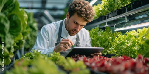 Male Bioengineer Examining Crops on Modern Vertical Farm With Tablet Computer Grows Organic Food or Plants In High-Tech Greenhouse