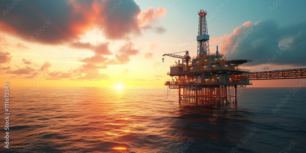 Offshore oil and gas processing platform at sunset, exploration and petroleum production industry at sea
