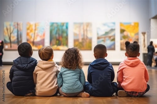 Vertical back view at diverse group of children sitting on floor in modern art gallery and listening to art expert