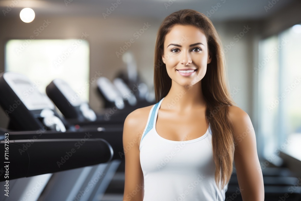 Woman in workout apparel standing in front of an exercise machine holding a white and blue medical pill 