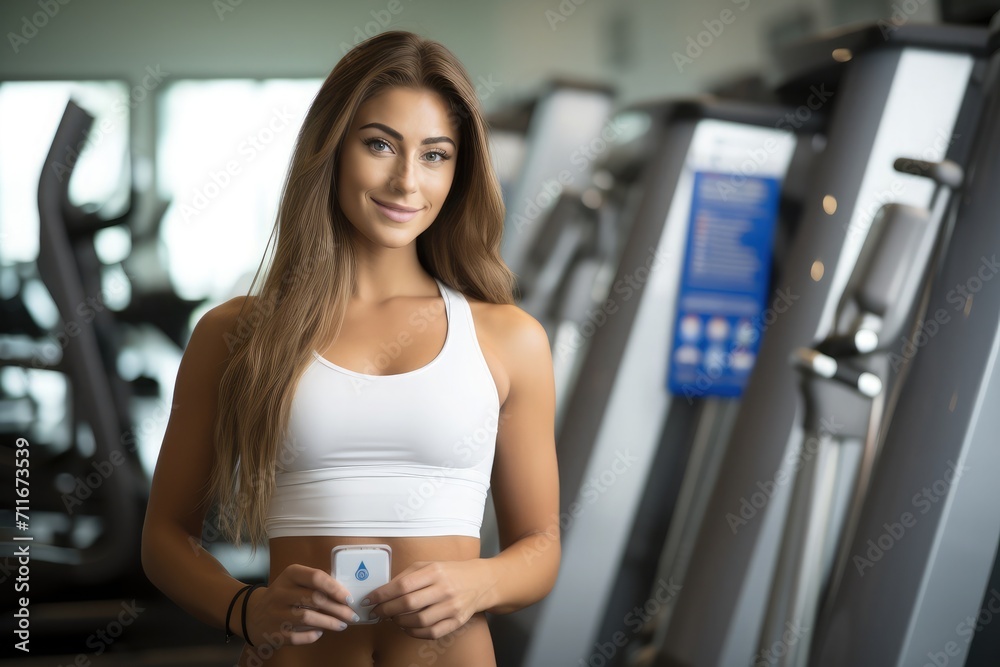 Woman in workout apparel standing in front of an exercise machine holding a white and blue medical pill Woman in workout apparel standing in front of an exercise machine holding a white and blue medical pill