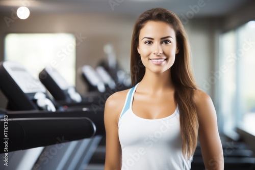 Woman in workout apparel standing in front of an exercise machine holding a white and blue medical pill 