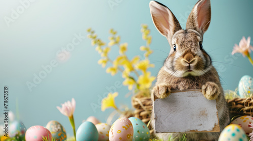 Easter bunny holds a blank sign mock-up on spring flowers and colorful Easter eggs blue background with copy space for a festive holiday message or invitation.