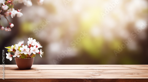 Empty wooden background with cherry blossom branch. Spring and flowers theme card, free space for text