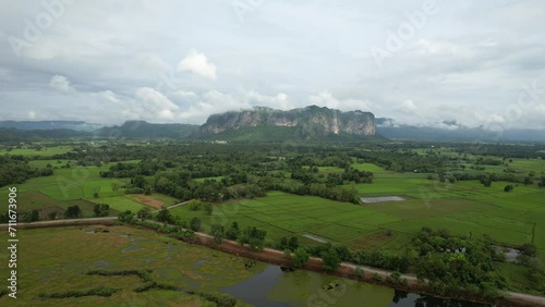 High view of drone of Phuphamna, Khonkaen, Thailand in rainy season for tourism content 