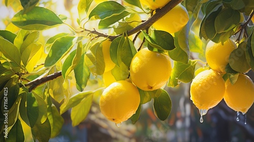 A hyper-realistic lemon tree adorned with yellow fruits and glossy leaves, bathed in the soft morning light - Generative AI