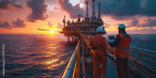 Fototapeta Naklejka Na Ścianę i Meble -  Team Engineers use notebook computers to check space offshore oil and gas processing platforms at sunset, exploration, and petroleum production industry at sea