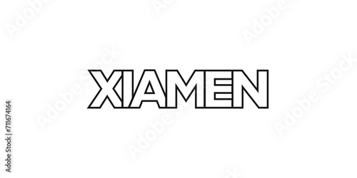 Xiamen in the China emblem. The design features a geometric style, vector illustration with bold typography in a modern font. The graphic slogan lettering.