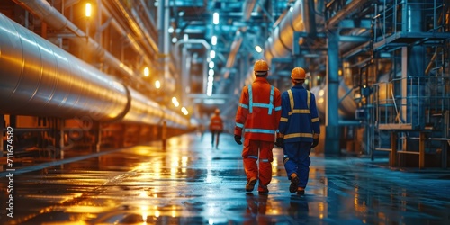 Workers in an industrial plant for the production and processing of crude oil