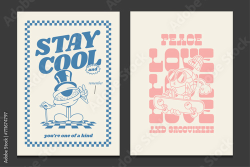 retro 70s posters with retro mascot cartoon characters, vector illustration