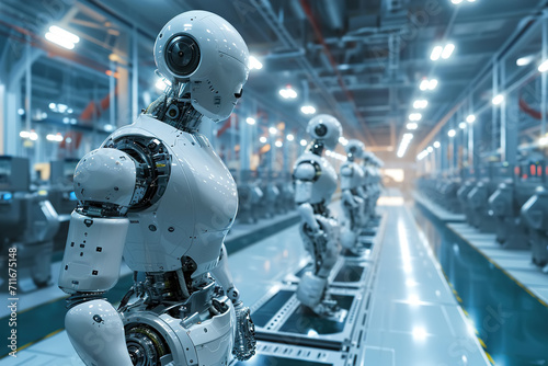 Robot production, modern automated factory. Row of robots standing on a conveyor belt