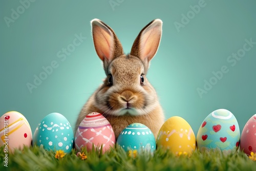 Joyful Easter Bunny Haven Funny Easter Concept Holiday Animal Celebration Greeting Card with a Cute Little Easter Bunny Rabbit Sitting on Many Colorful Painted Easter Eggs. created with Generative AI