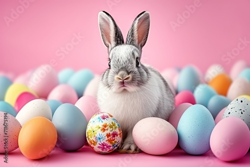 Easter Bunny Bliss Funny Easter Concept Holiday Animal Celebration Greeting Card with a Cute Little Easter Bunny Rabbit Sitting on Many Colorful Painted Easter Eggs, Isolated on Pink Background.  © photobuay