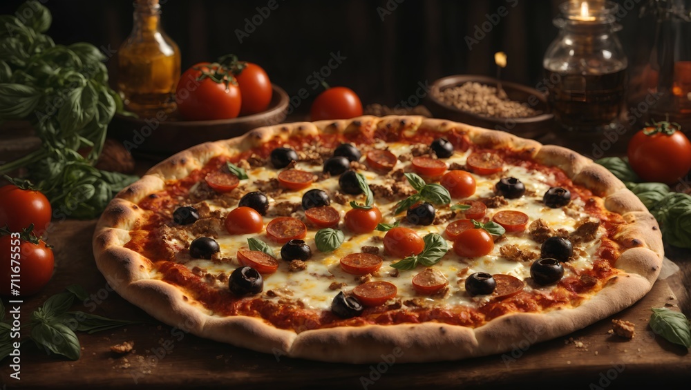 Pizza on table, cut into slices, with olives, tomatoes and cheese, top view.