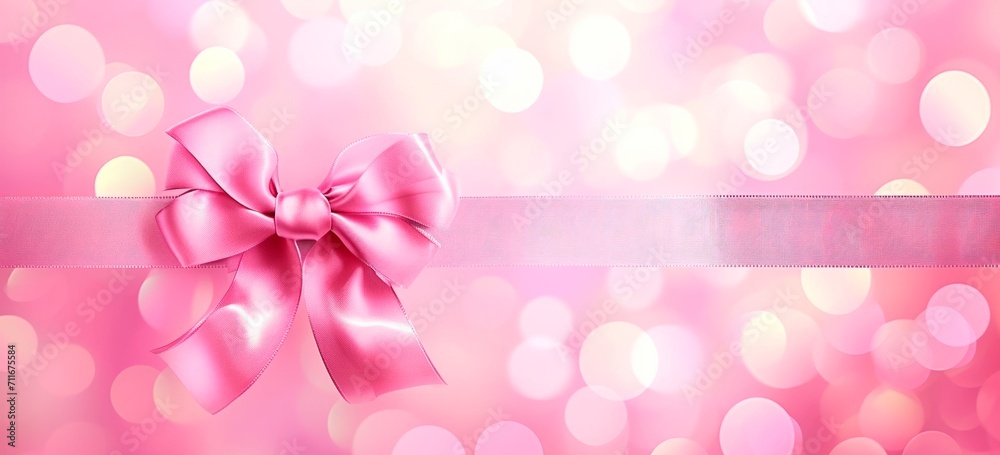  pink ribbon bow with bokeh background with frame, horizontal background, copy space for text, valentines card, birthday love concept