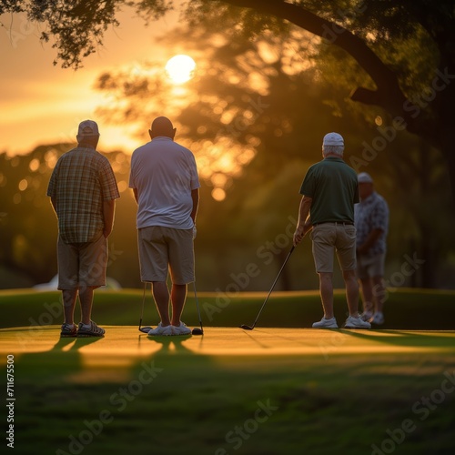 Group of gray-haired old men play golf at sunset on the course photo