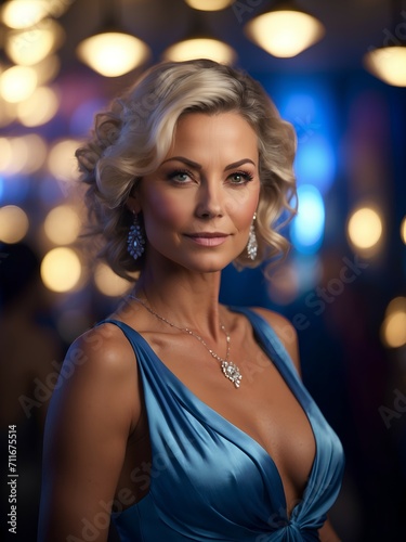 A middle-aged woman in an elegant blue dress in a nightclub.