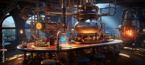 Steampunk laboratory brass machinery, glowing concoctions, gears, and stained glass windows