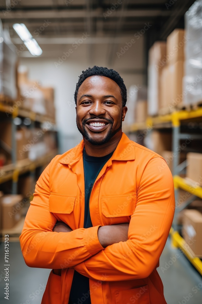 With a watchful eye, the warehouse worker stands tall, guarding the precious inventory within the warehouse. With a watchful eye, the warehouse worker stands tall, guarding the precious inventory within the warehouse.