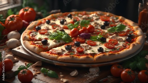 Pizza cut into slices, with olives, tomatoes and cheese