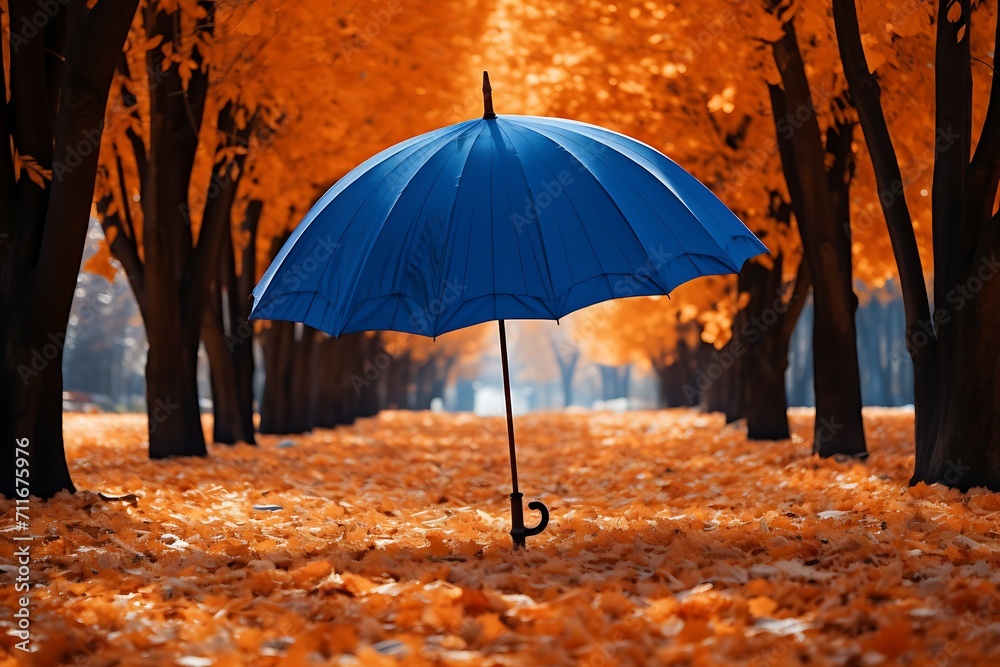Creative symbolic image of autumn season - maple and rowan leaves with blue umbrella
