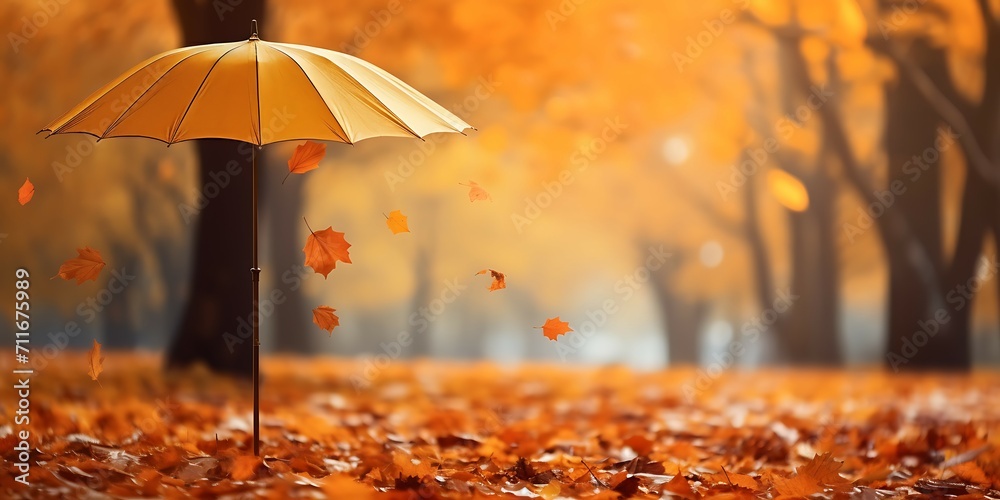 Umbrella with falling autumn leaves