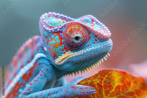 A close-up of a chameleon displaying vibrant and contrasting colors, showcasing its ability to change based on its environment.