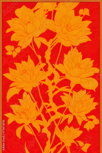 Golden Traditional Lunar Chinese new year style card art floral pattern with vibrant blooming flowers hanging from tree branches background