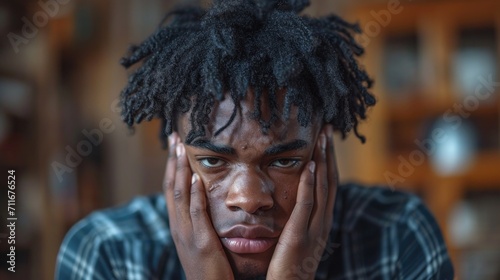 Portrait of african american man suffering from headache in office