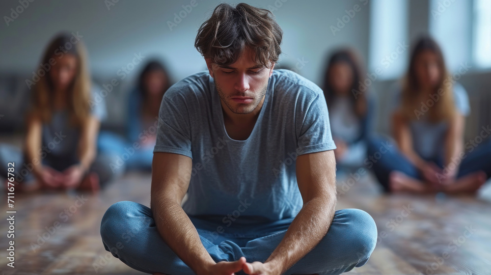 Sad man sitting by male and female friends in group therapy - obrazy, fototapety, plakaty 