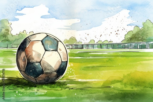 A soccer ball on the green grass of a football field on a sunny summer day. 