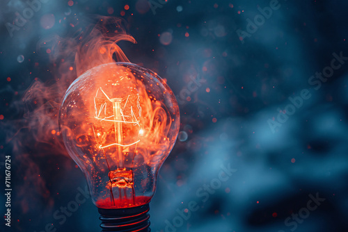 Light bulb with fiery glow and house filament on blue smoky background © agnes