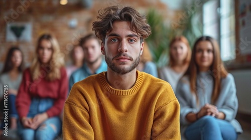 Portrait of a young man looking at the camera while sitting in front of his friends in group therapy