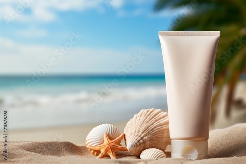 Sunscreen lotion, sea shells and starfish on sandy beach. Summer beach, vacation concept, UVA and UVB protection cosmetics. Mock up, copy space. photo
