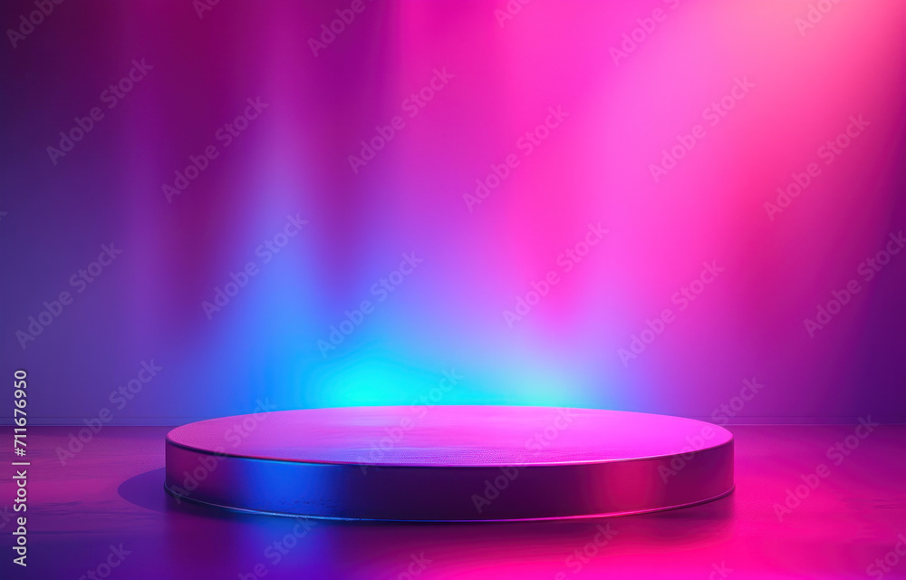 Mock up circle podium with neon glow blue and purple light Mock up circle podium with neon glow blue and purple light