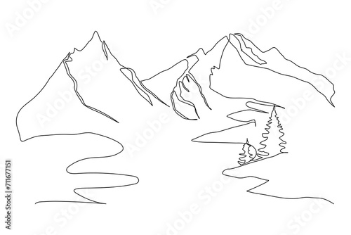 mountain range continuous One line drawing. Simple line drawing of mountains and sun. Modern one line nature illustration 