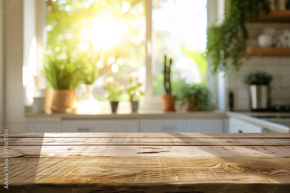 Empty wooden countertop with sunlit kitchen background